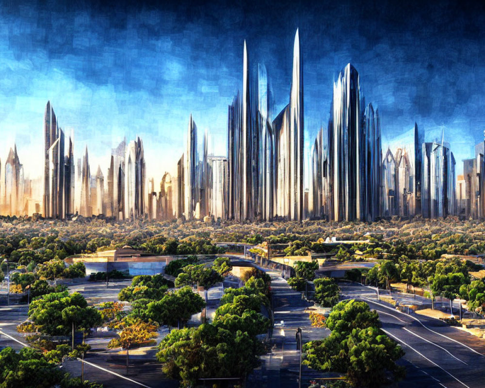 Futuristic cityscape with skyscrapers and greenery