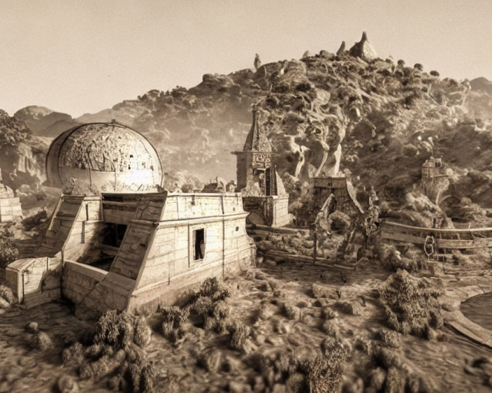 Desolate landscape with observatory and abandoned structures in sepia tones