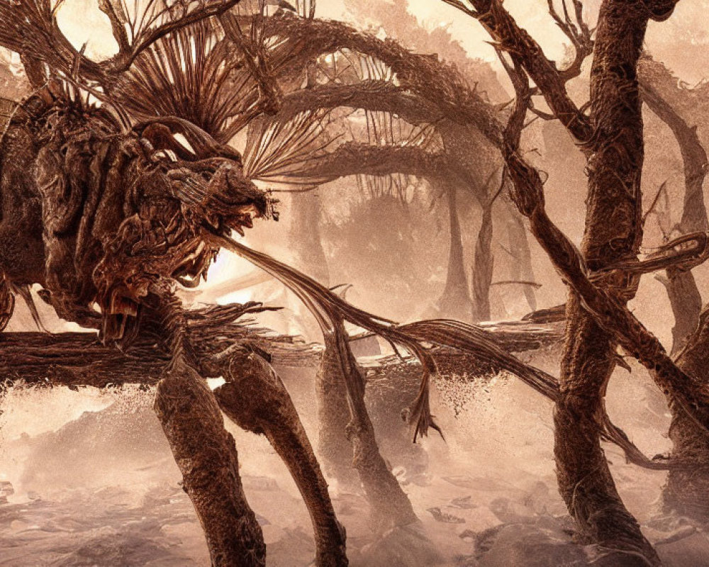 Alien creature with shell-like body on gnarled tree in misty forest.