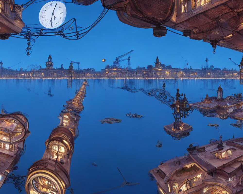 Twilight cityscape reflection with ornate street lamps and clock