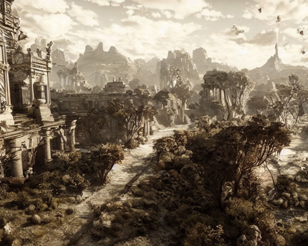Overgrown ancient cityscape with dilapidated buildings, floating rocks, and distant mountains.