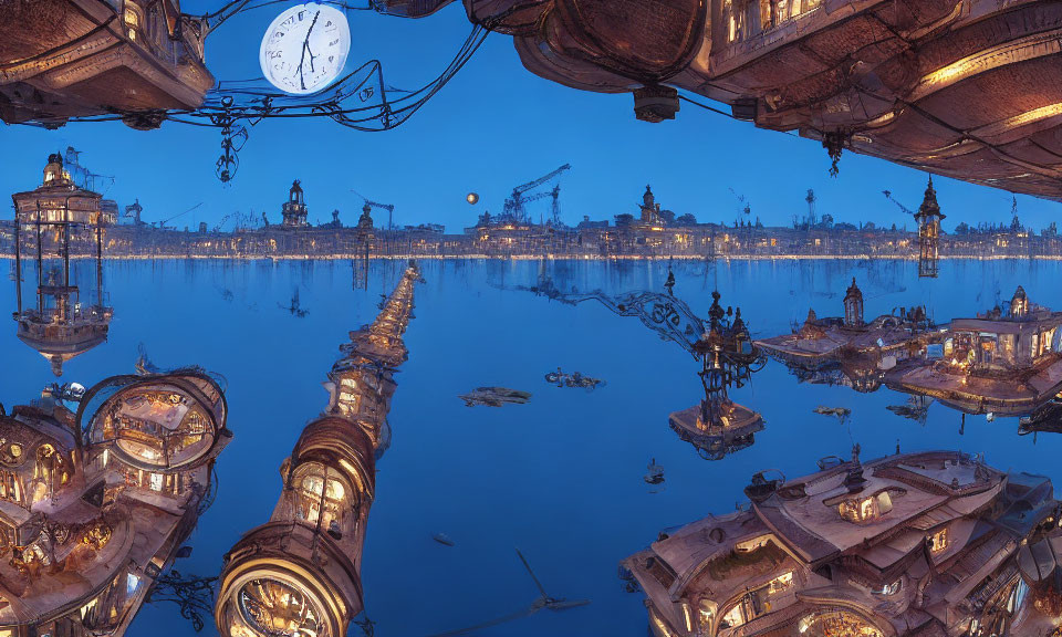 Twilight cityscape reflection with ornate street lamps and clock