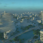Futuristic cityscape with winding roads and green-covered buildings on cliffs.