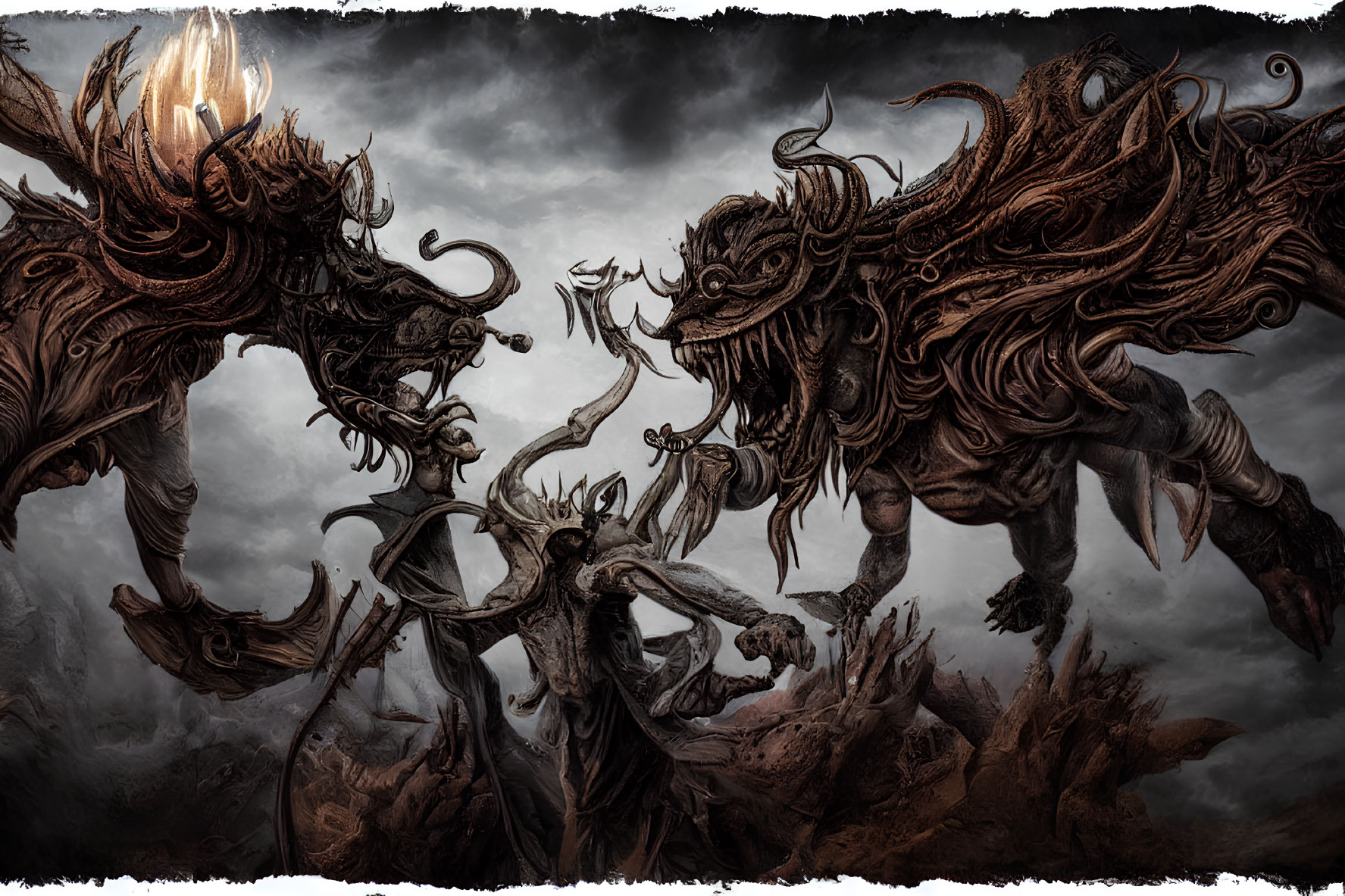 Mythical creatures in intense battle under dark sky