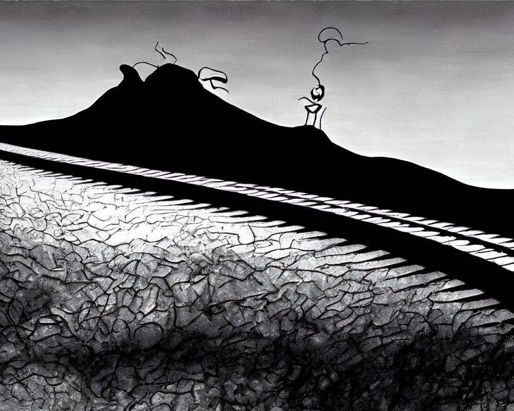 Surreal black and white artwork: railway track to mountain peak with whimsical character and abstract sky