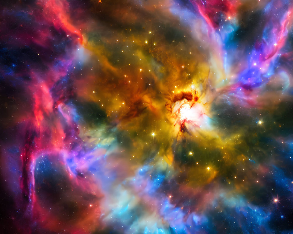 Colorful cosmic scene with glowing nebula and interstellar gas and stars