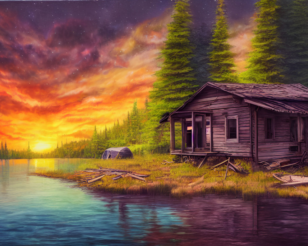 Rustic wooden cabin by serene lake with canoe, pine trees, sunset sky