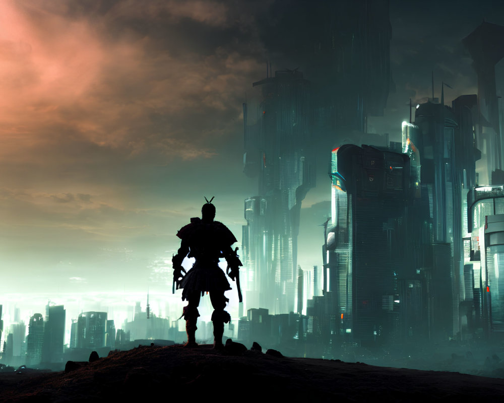 Futuristic armored person in neon-lit cyberpunk cityscape at dusk