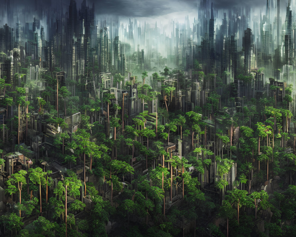 Green forest merges with futuristic skyscrapers in misty scene