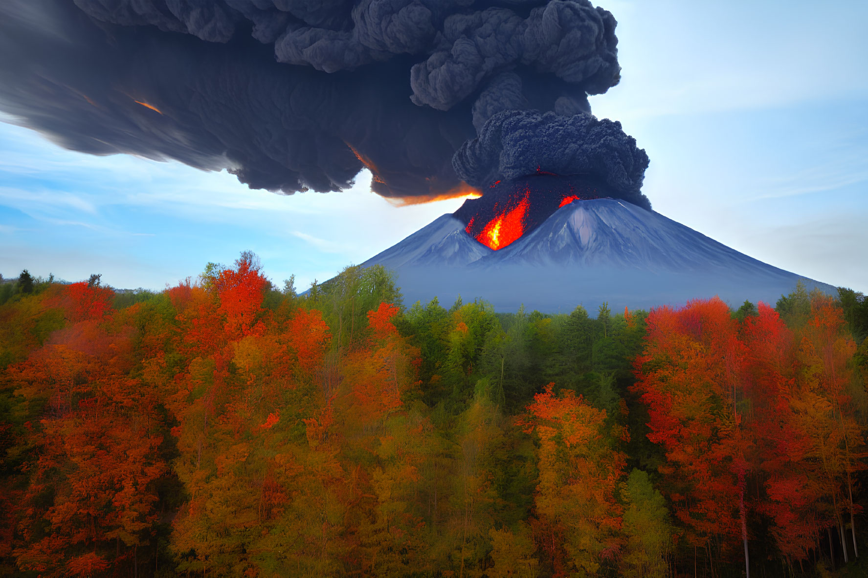 Volcano erupting over autumn forest with smoke and lava