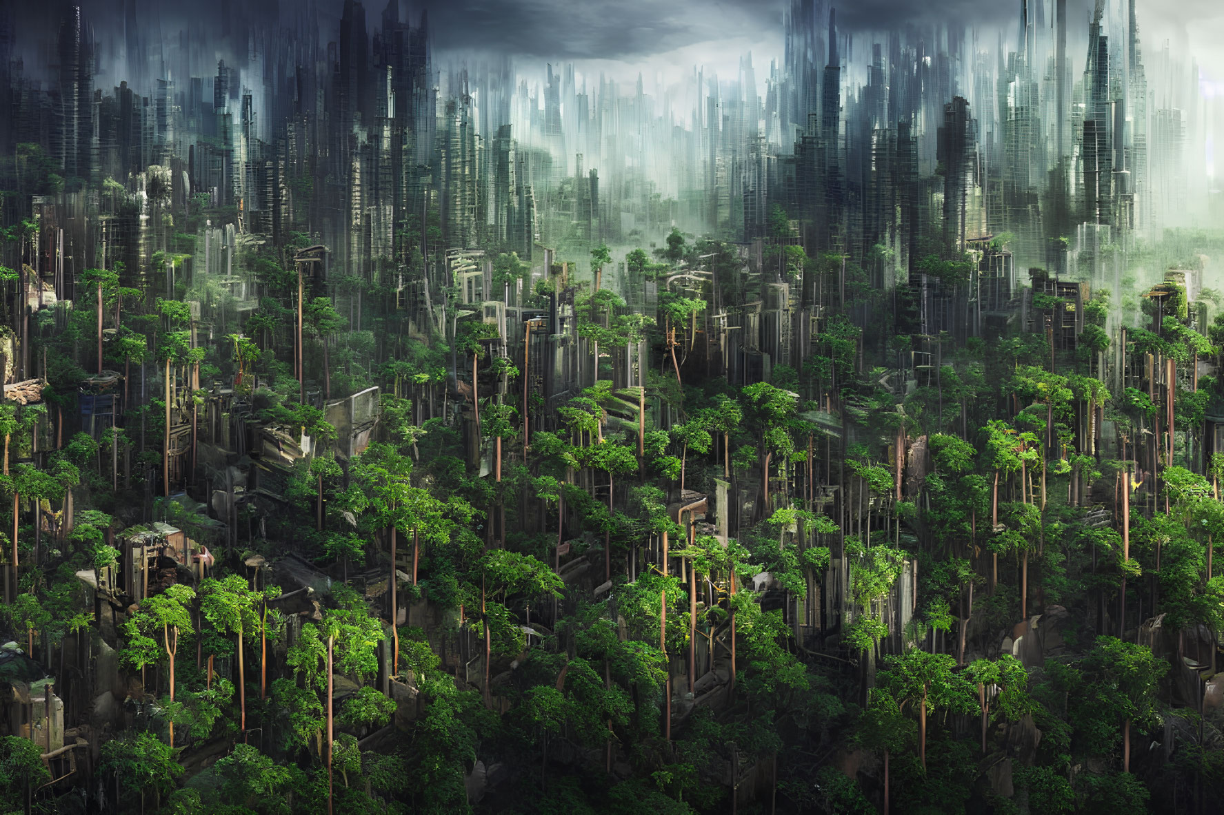 Green forest merges with futuristic skyscrapers in misty scene