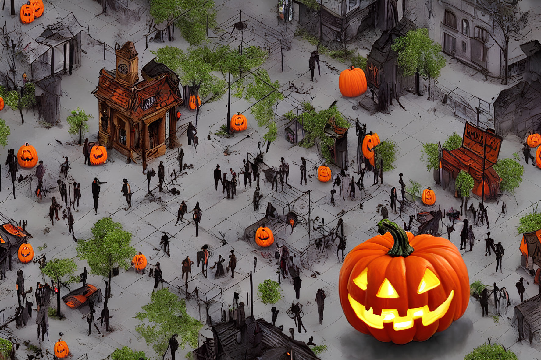 Illustration of Halloween-themed town square with jack-o'-lanterns and costumed characters