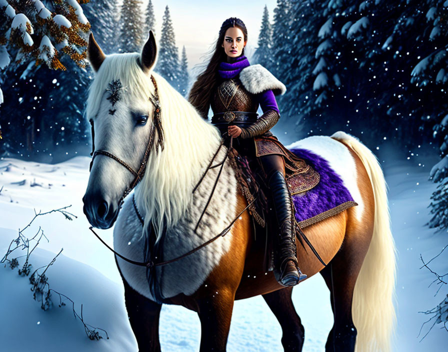 Medieval woman on white horse in snowy forest