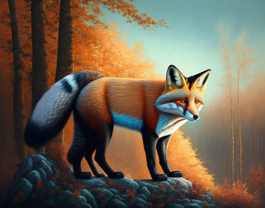 Colorful Fox Illustration with Autumn Trees and Misty Background