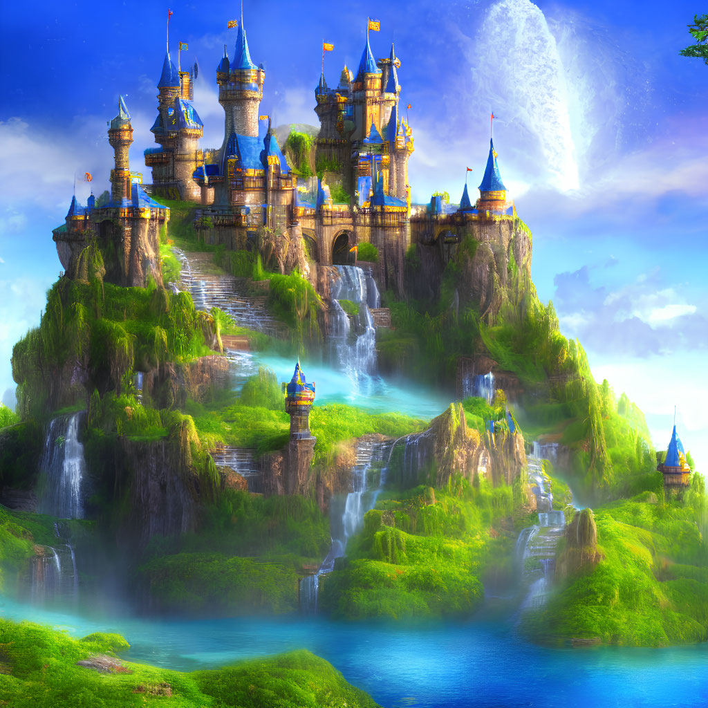 Majestic castle on cascading waterfalls in lush fantasy landscape