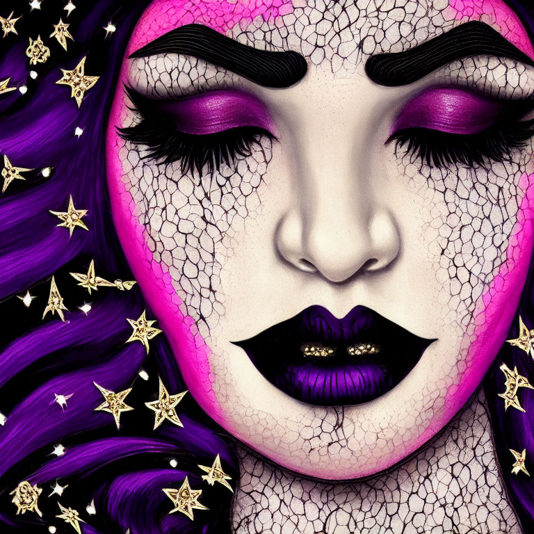 Detailed illustration of face with purple hair, black lipstick, fishnet pattern, and gold stars.