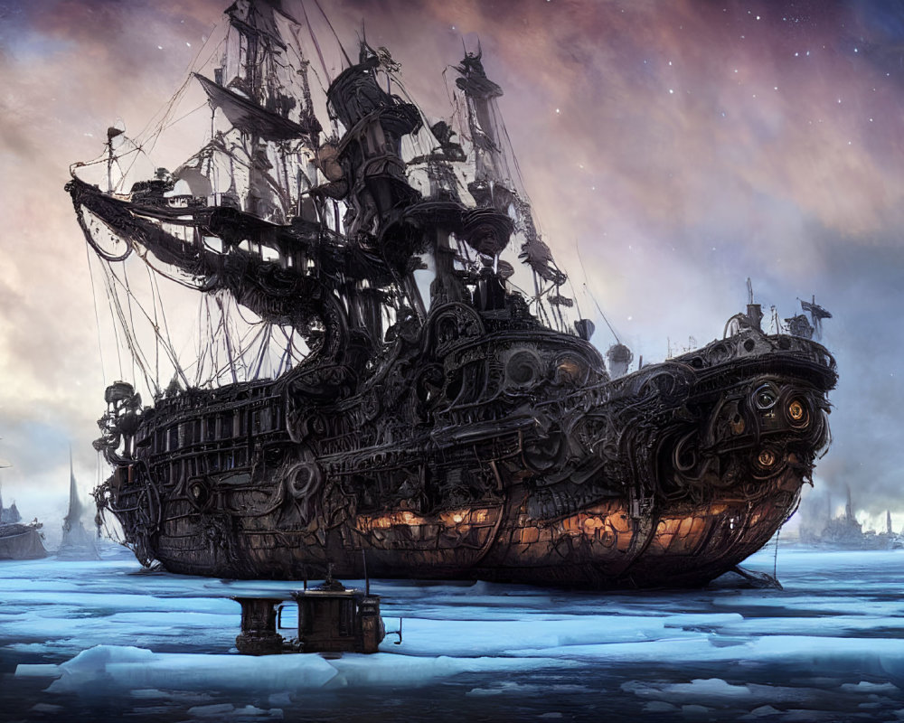 Fantasy-inspired sailing ship in icy night scene