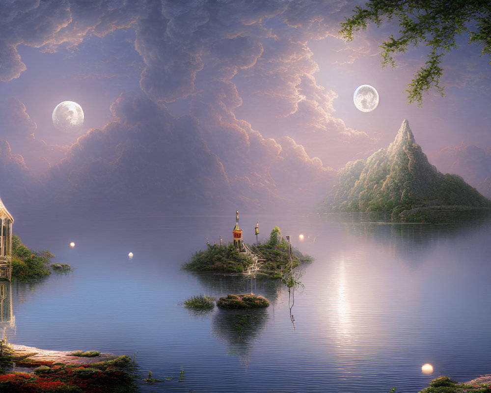 Twilight lake scene with two moons, hut on stilts, lanterns, lush greenery,