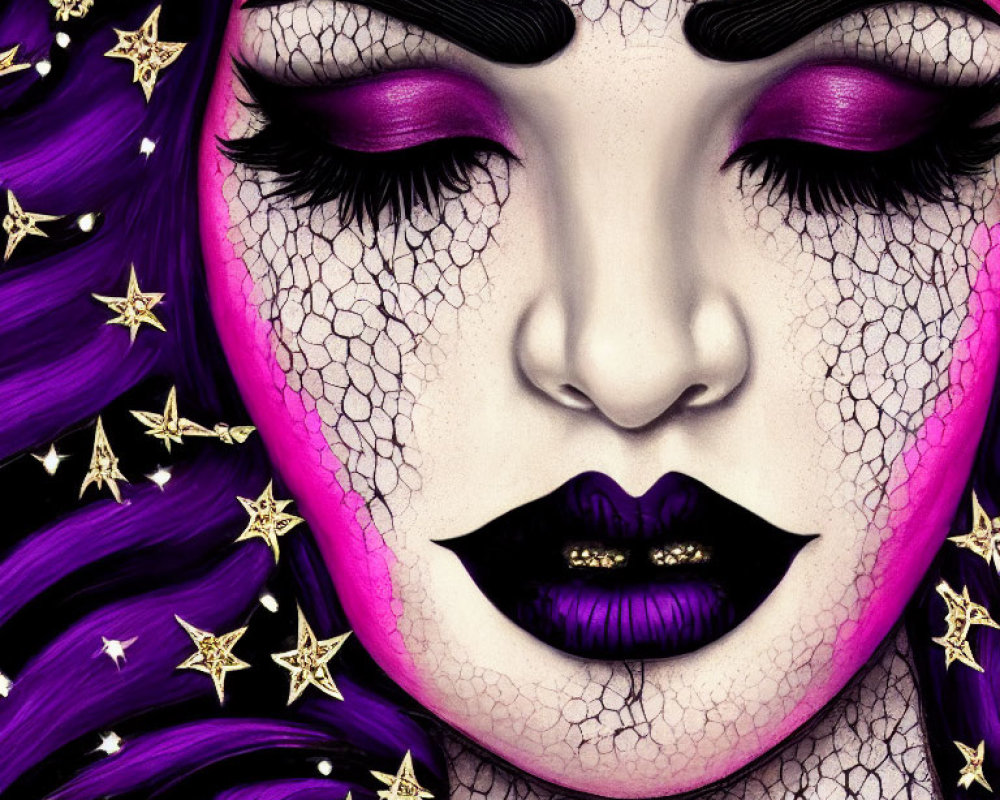Detailed illustration of face with purple hair, black lipstick, fishnet pattern, and gold stars.
