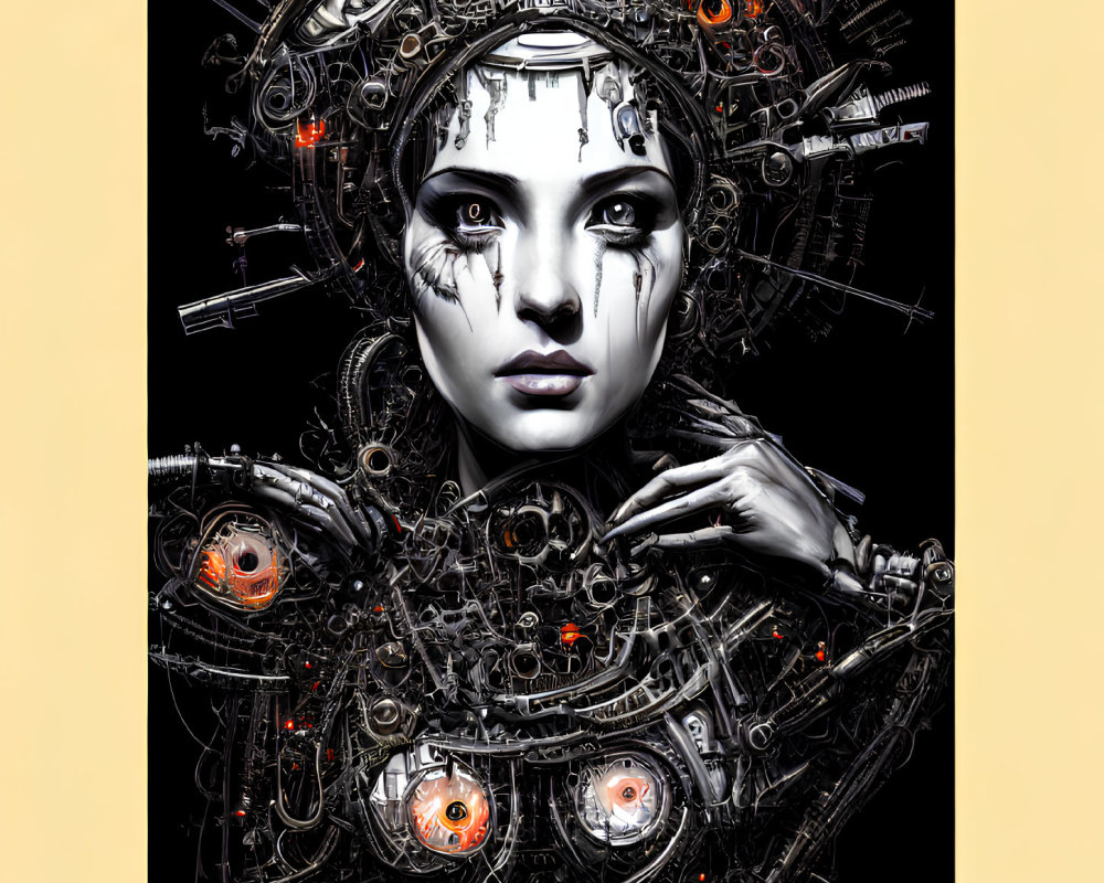 Stylized female cyborg figure with intricate gears on black background