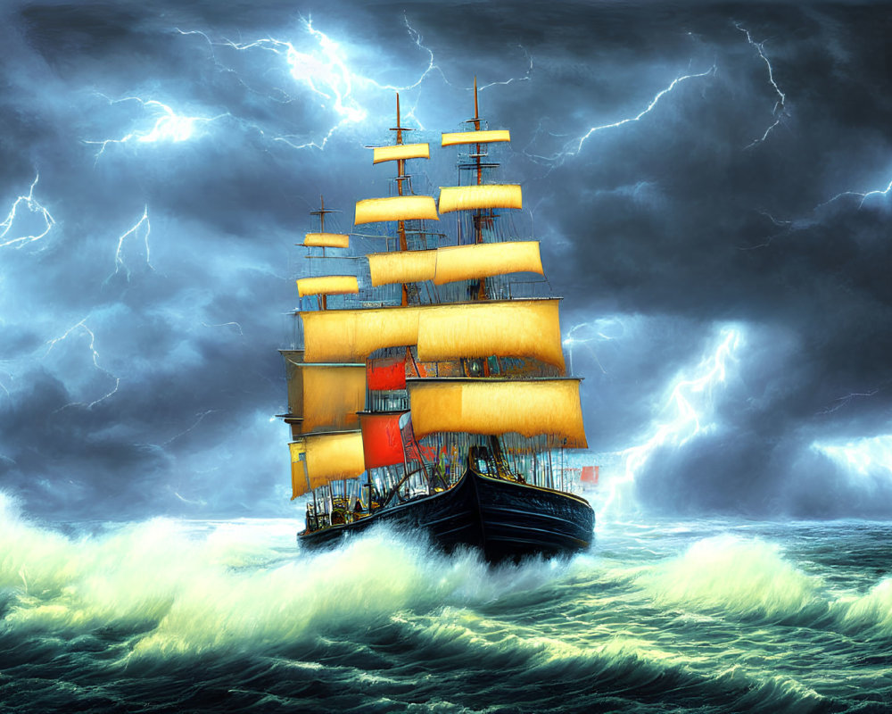 Majestic sailing ship in stormy sea with lightning strikes