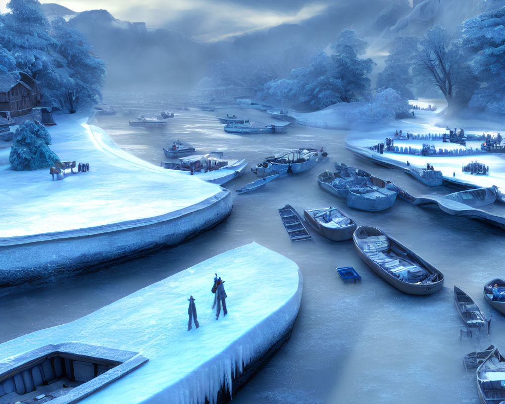 Snowy River Landscape at Twilight with Docked Boats and Figures on Frozen Pier