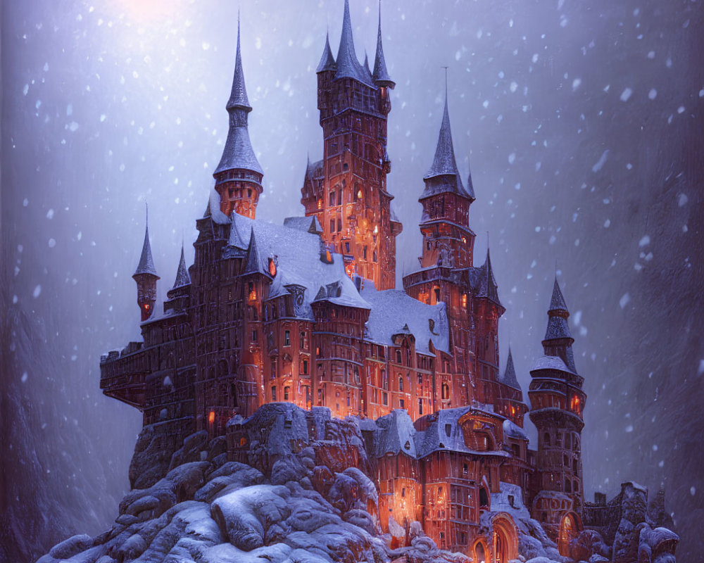 Snow-covered castle on rocky cliff under twilight sky.