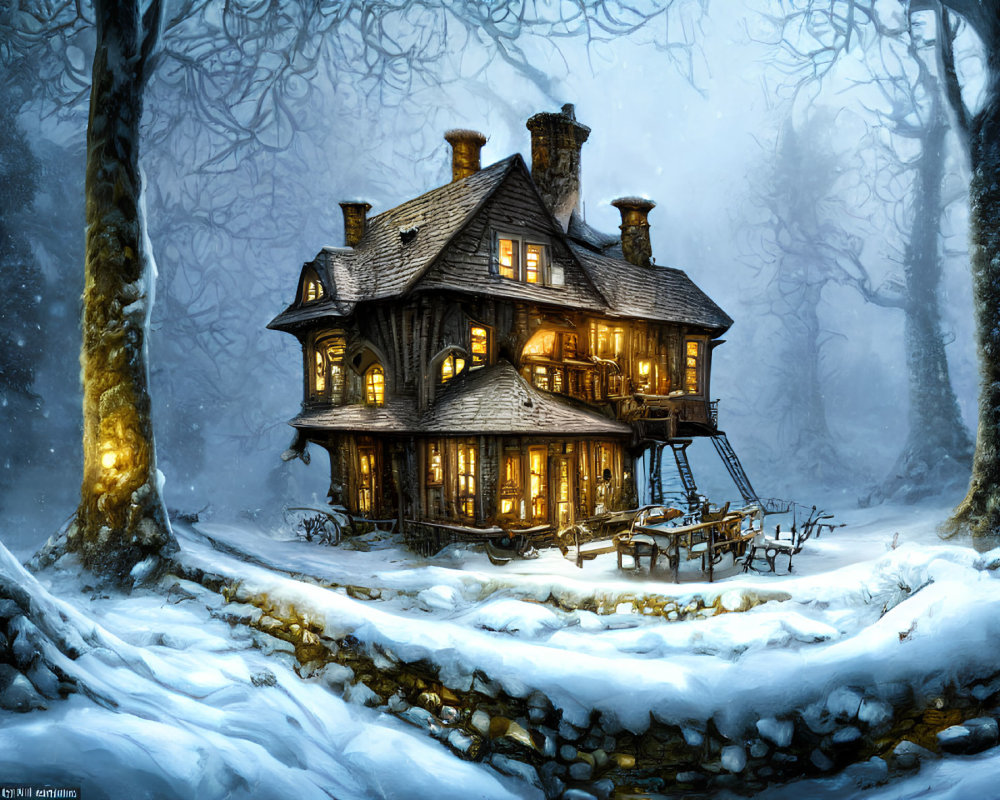 Victorian house in snowy forest at twilight