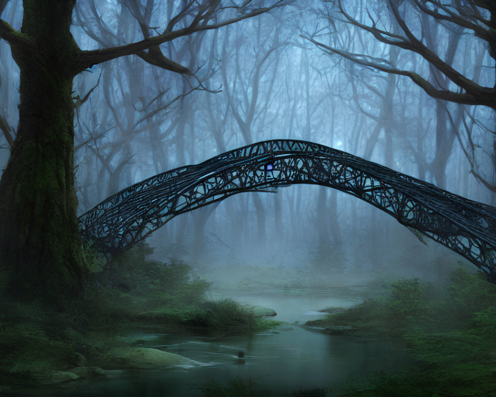 Vintage blue bridge over tranquil stream in misty forest