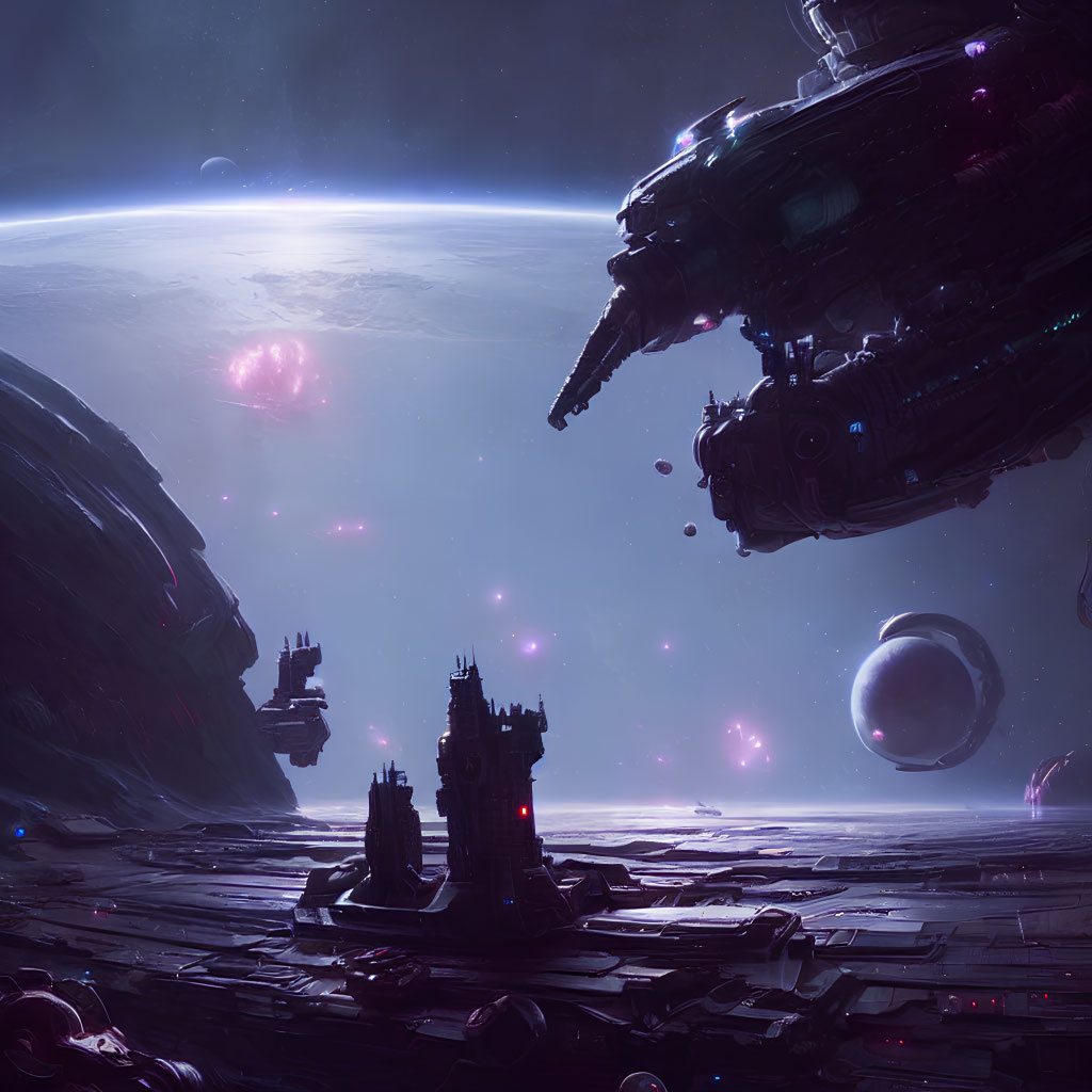 Futuristic sci-fi scene with hovering spaceships and celestial backdrop