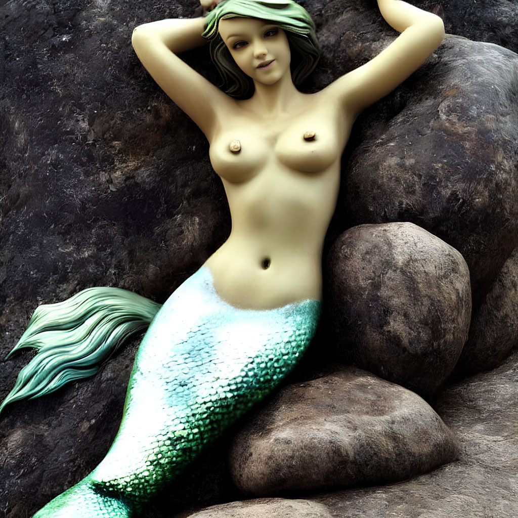 Mermaid statue reclining on rocks with green tail and flowing hair