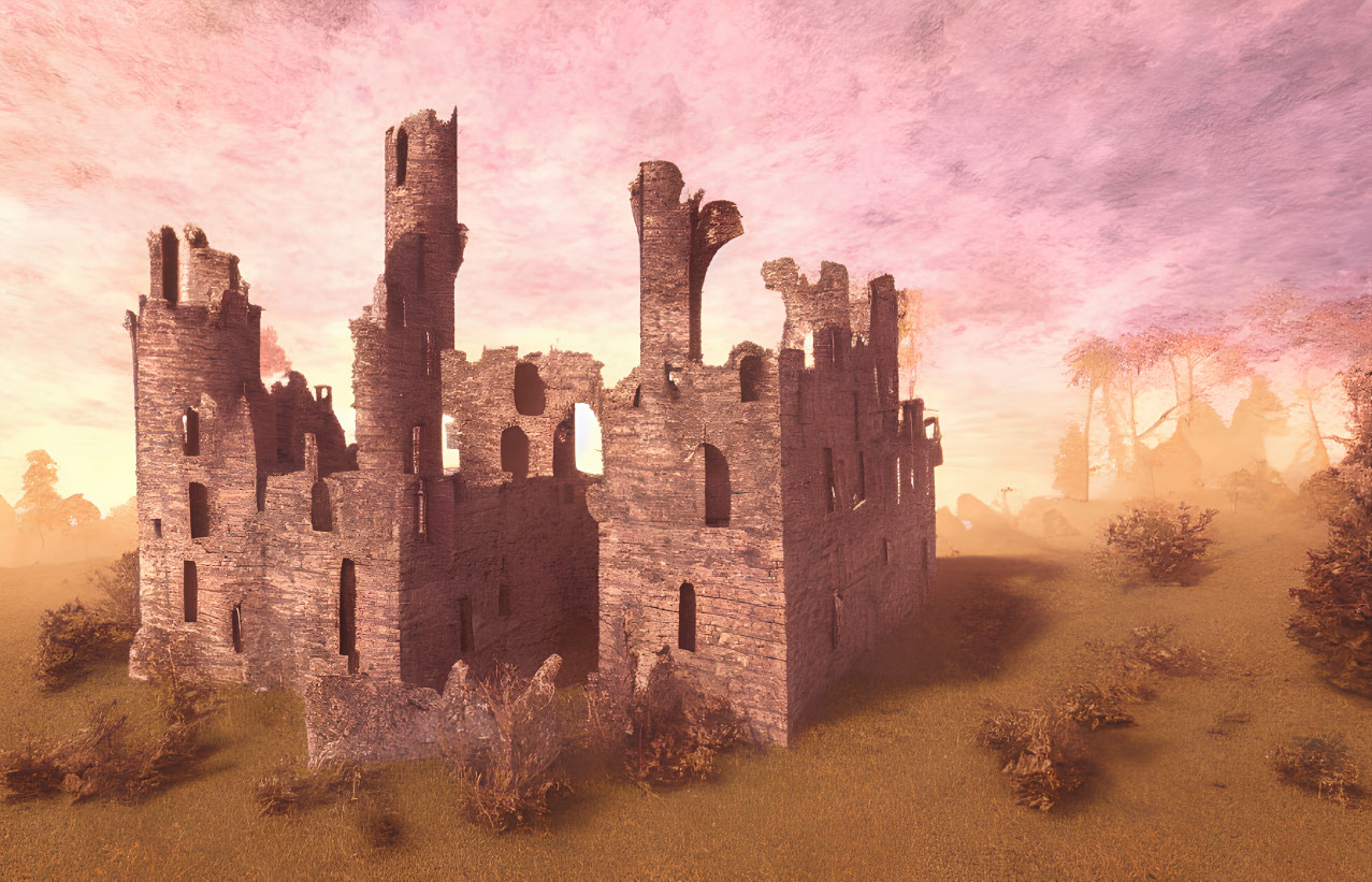 Old castle ruins at sunset with overgrown foliage and pink sky
