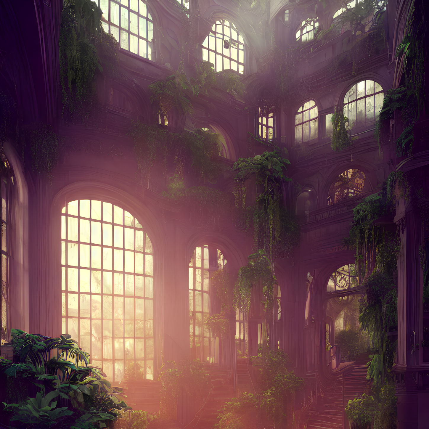 Ethereal abandoned mansion with overgrown greenery and sunlight filtering through windows