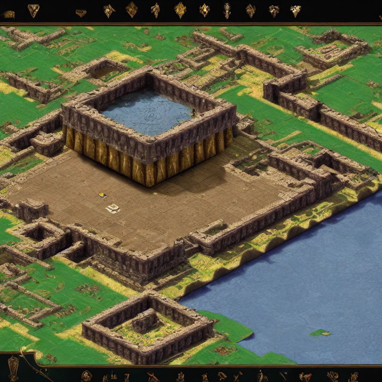 Screenshot of Stone Fortress Surrounded by Water Bodies and Grasslands