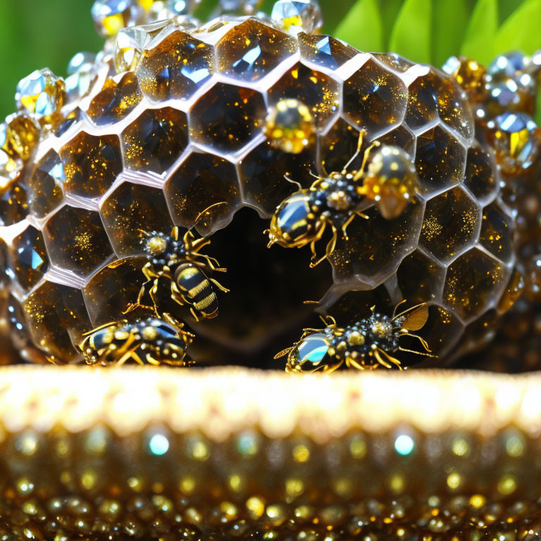 Detailed Close-Up of Sparkling Beehive with Bees and Golden Hexagonal Cells
