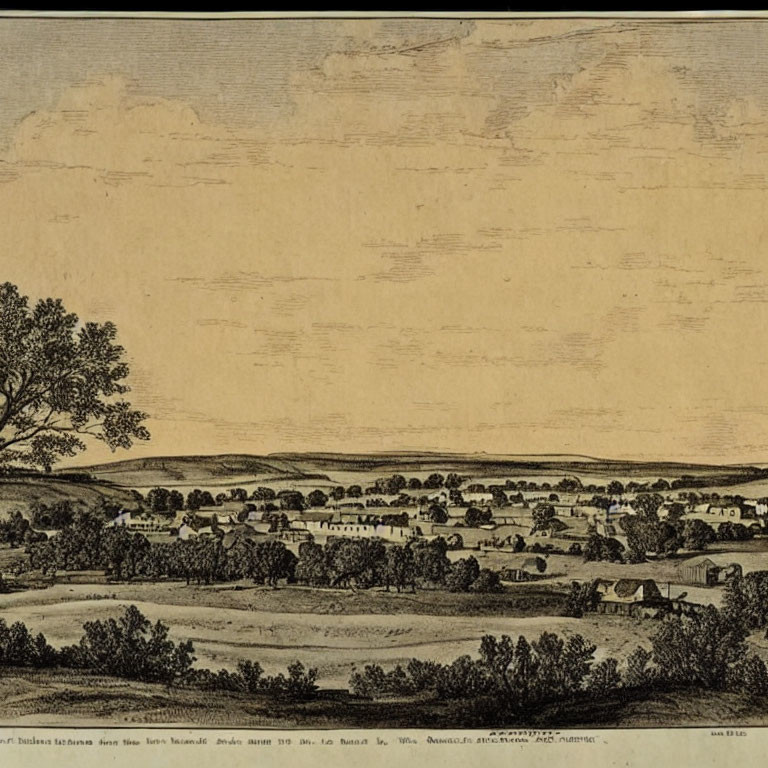 19th-Century Town Panoramic View with Rolling Hills and Open Landscape