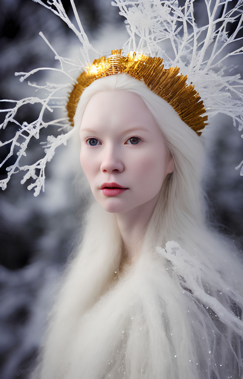 Pale-skinned person with white hair wearing a gold crown amidst frost-covered branches