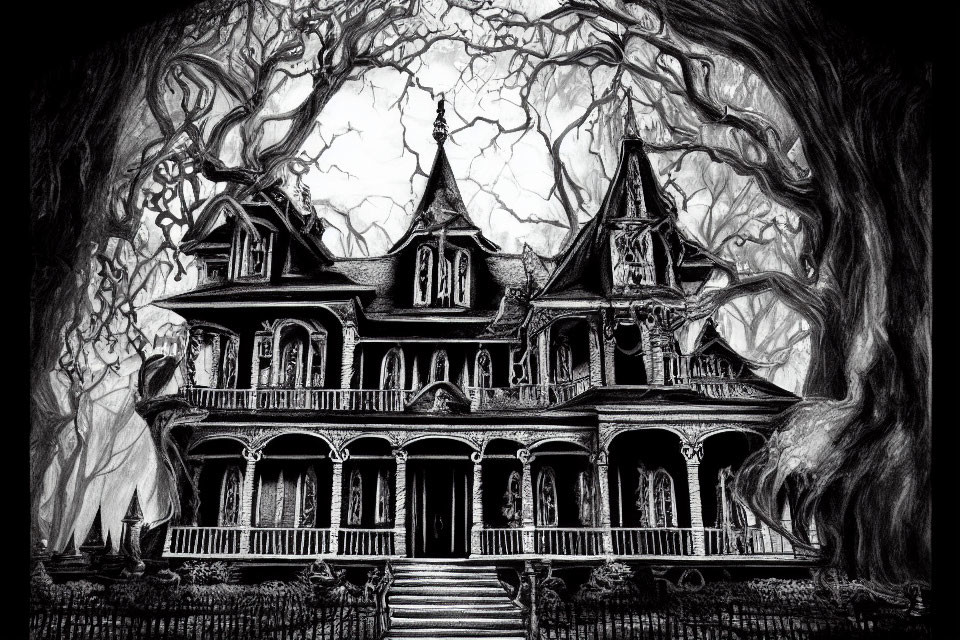 Gothic Victorian house illustration with twisted trees