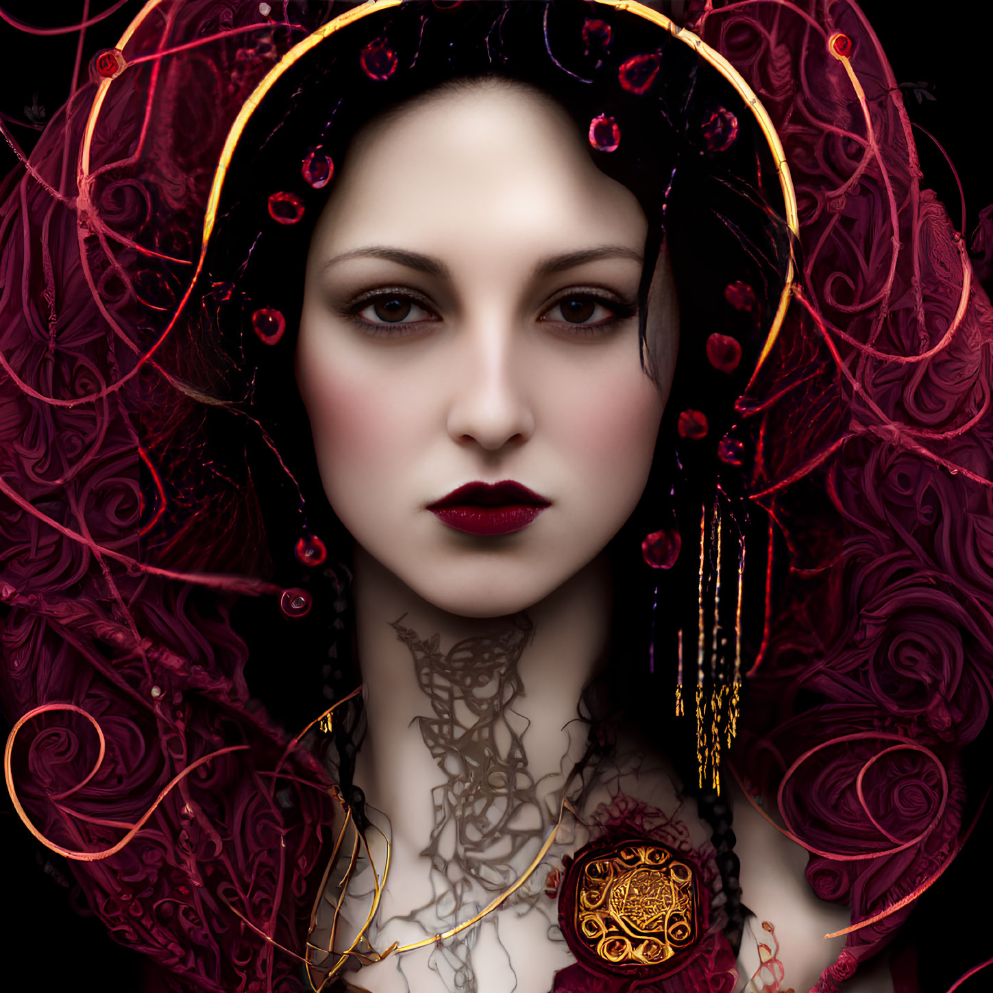 Pale woman with dark hair, red lipstick, ornate headpiece, pendant necklace on dark background