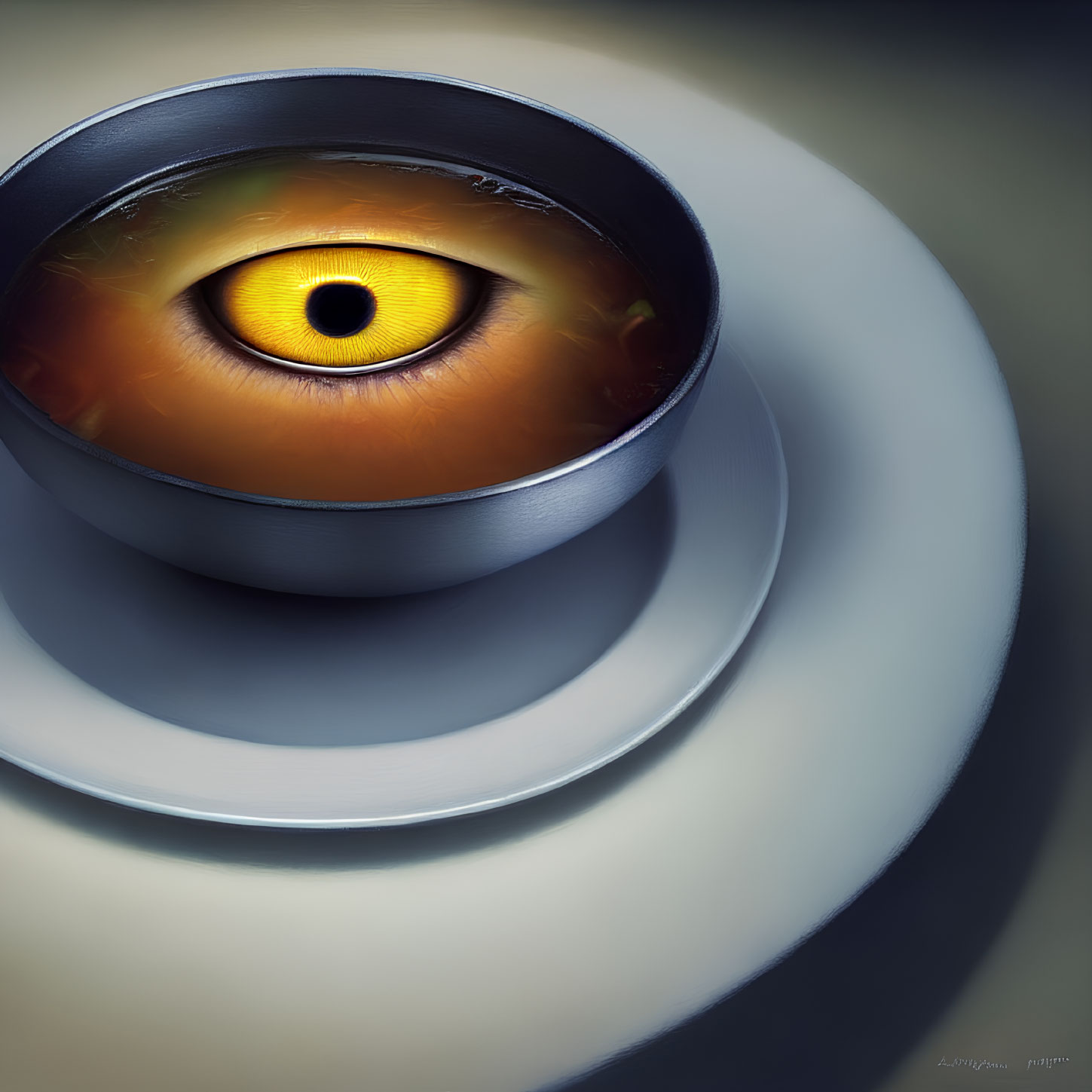 Vivid surreal artwork: yellow and orange eye in circular object