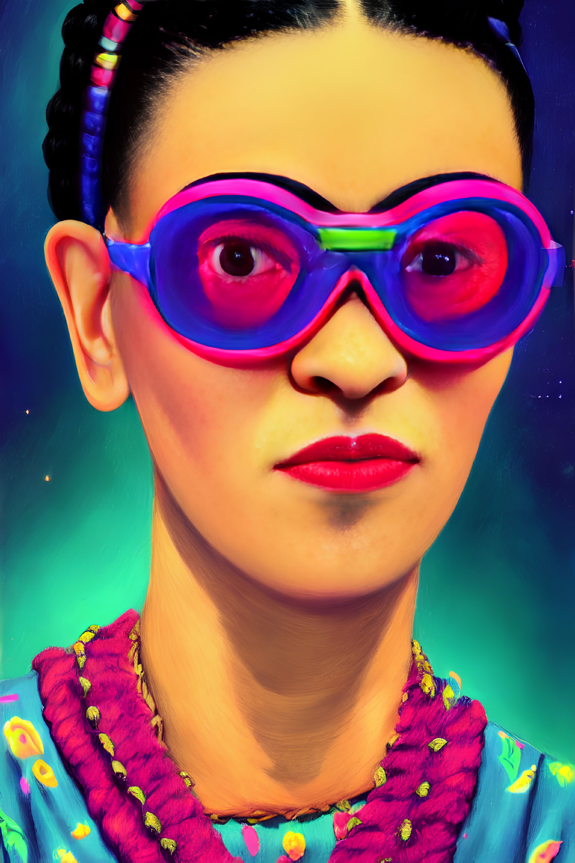 Vibrant portrait featuring pink glasses, braided hair, floral attire, and starlit backdrop