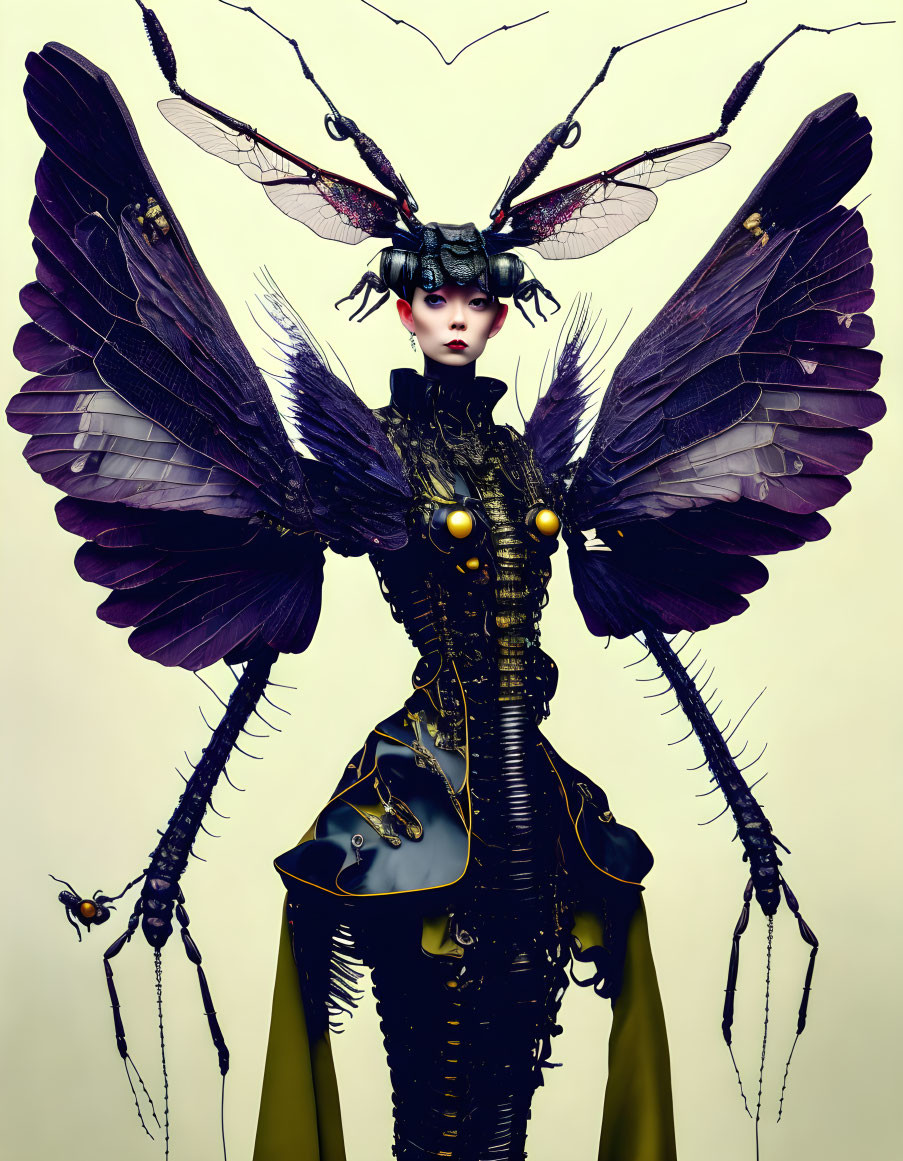 Elaborate Insect-Themed Costume with Purple Wings and Antennae