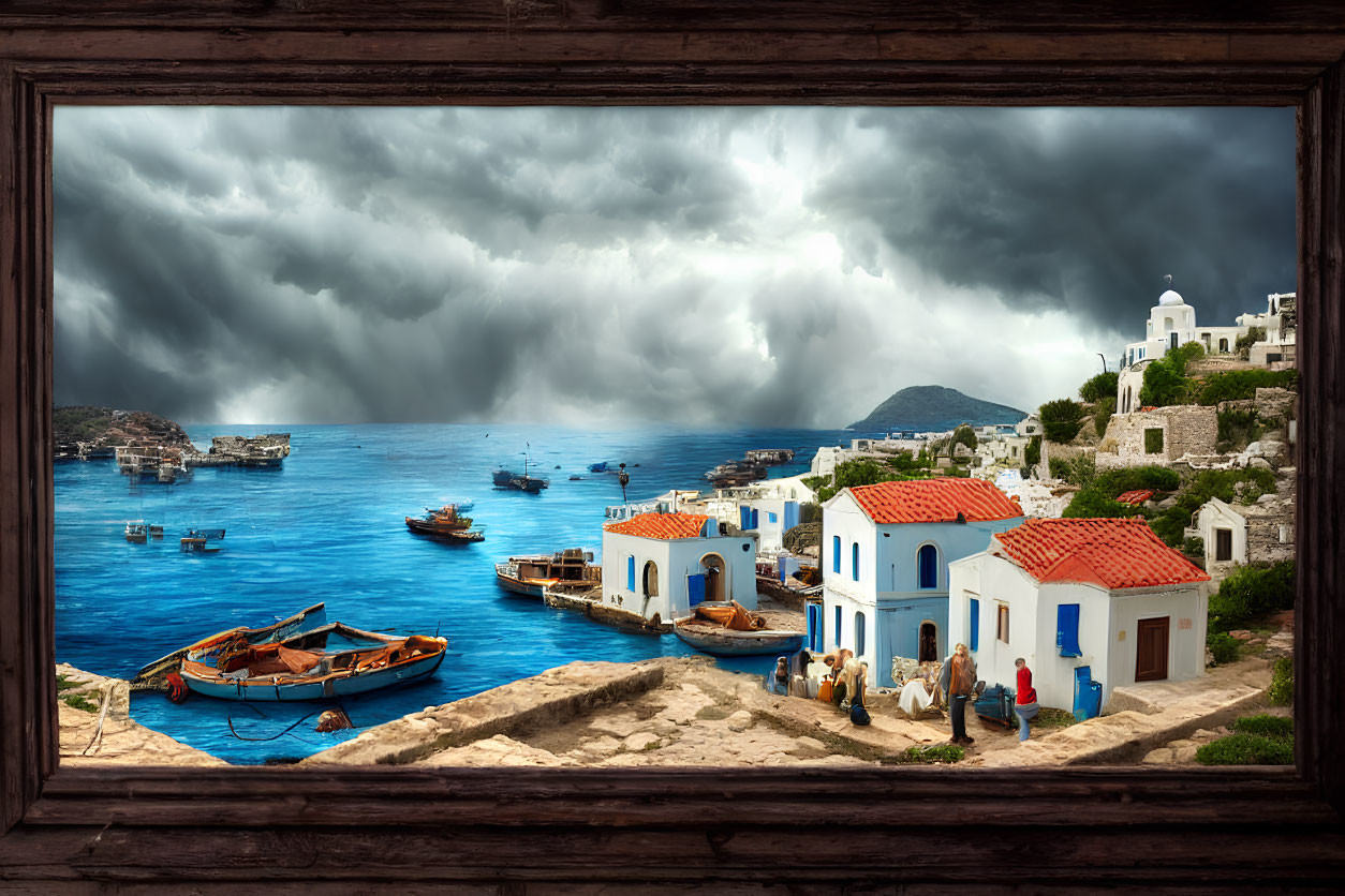 Framed Mediterranean Village Seascape with Stormy Sky