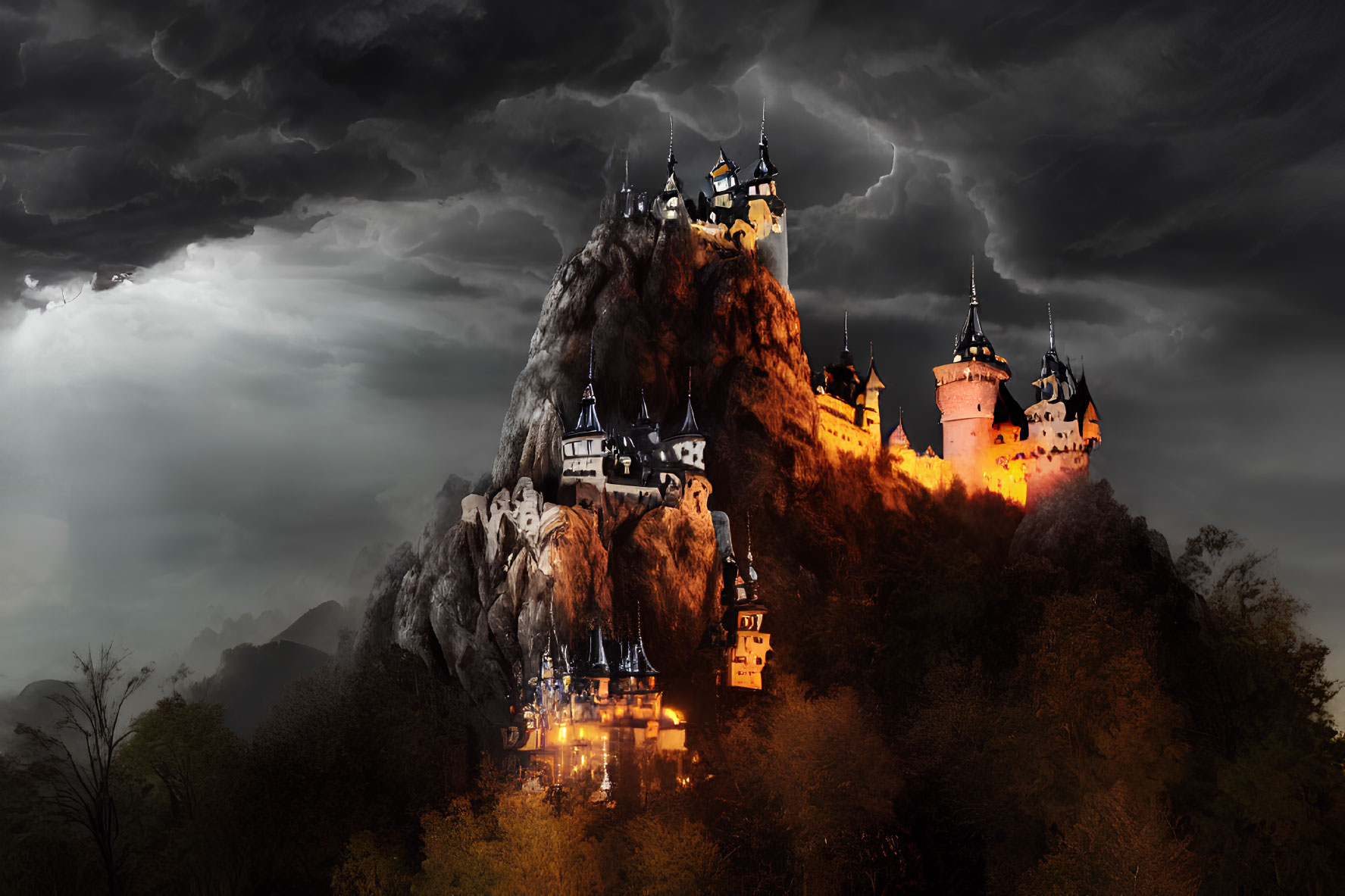 Grand castle on rugged cliff illuminated by warm lights against stormy sky