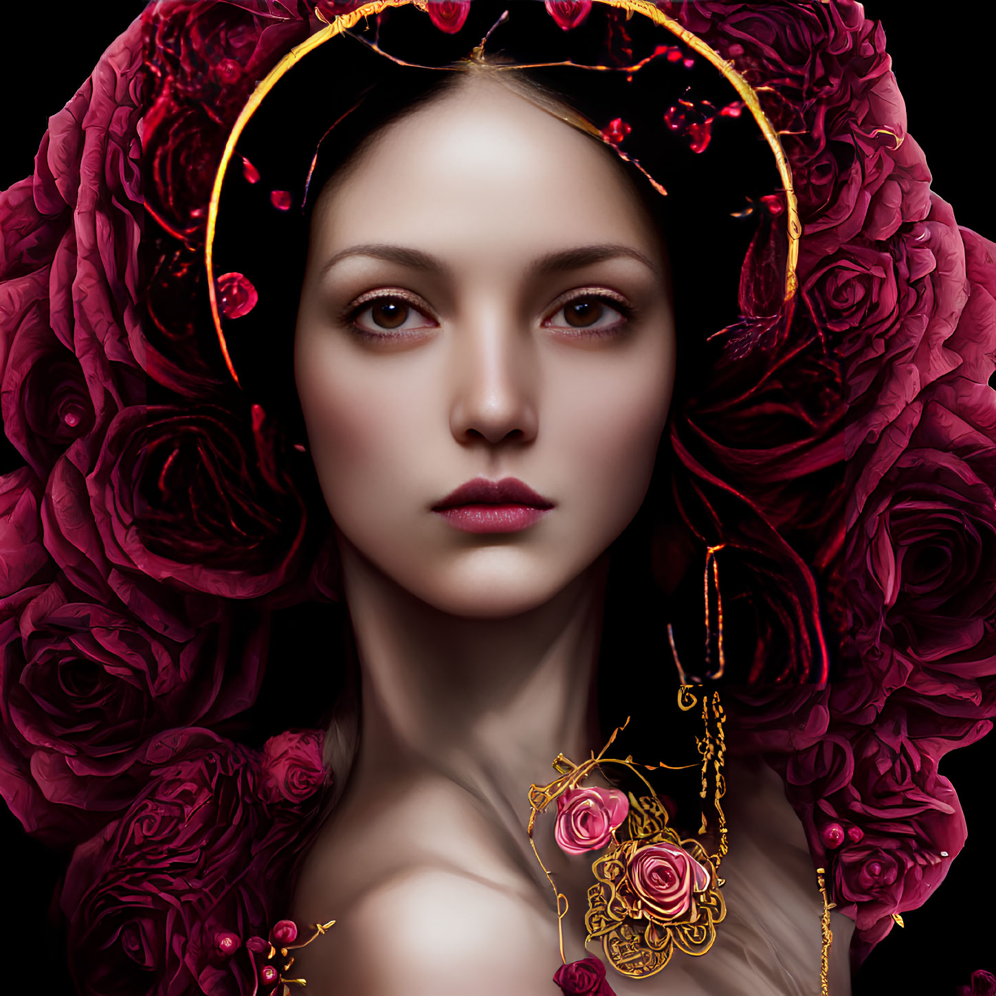 Serene woman with golden halo and rose jewelry among dark red roses