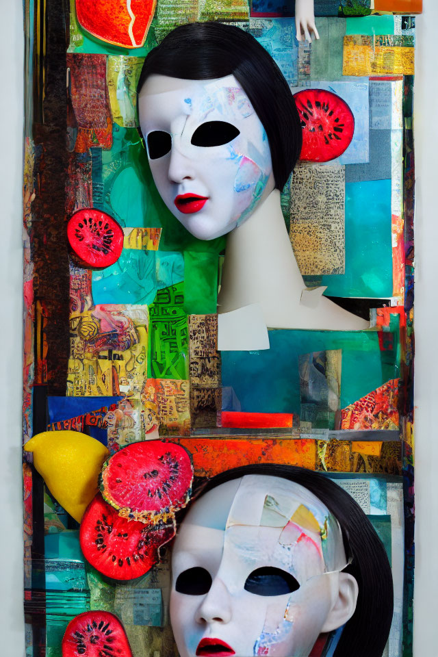 Vibrant collage of mannequin heads with masks and fruit slices