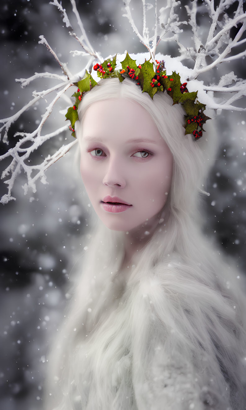 Pale woman with white hair and holly crown in snowy scene