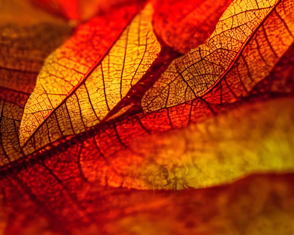 Detailed Close-Up of Autumn Leaves' Warm Gradient and Textures