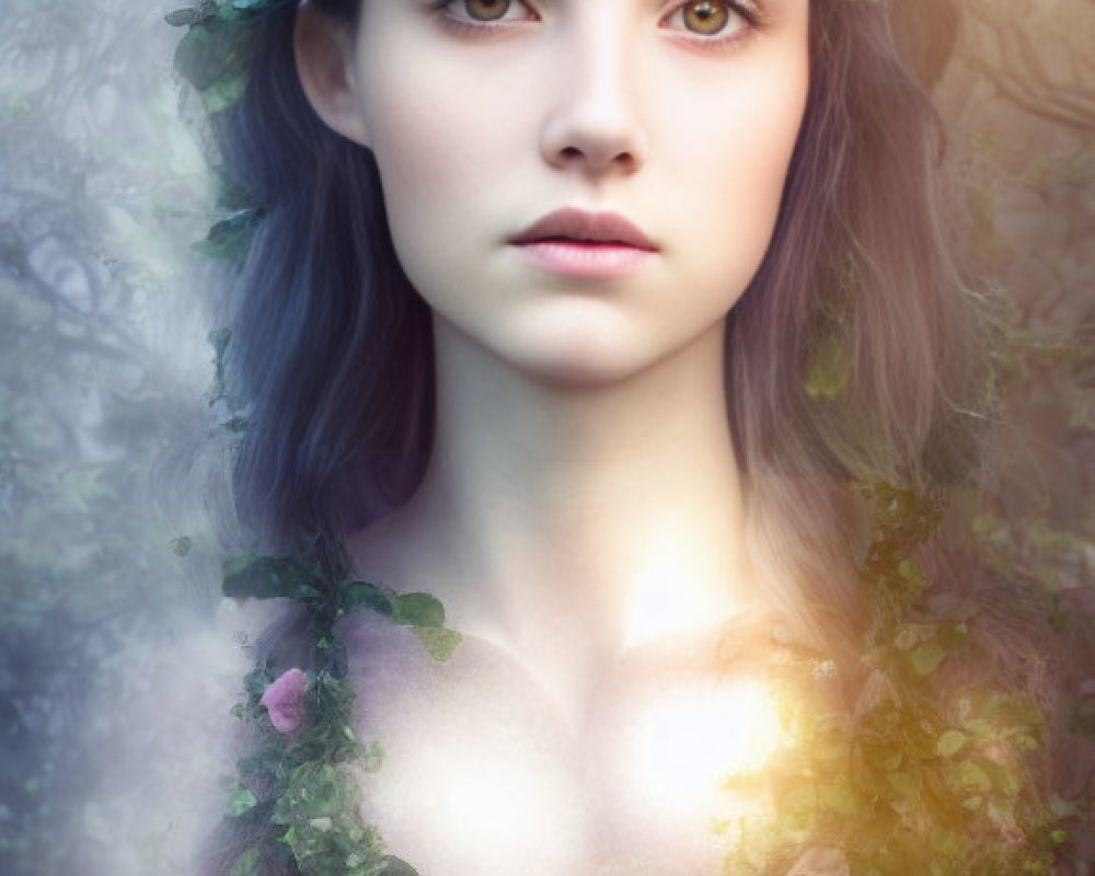 Woman with Floral Crown Surrounded by Mystical Forest Foliage
