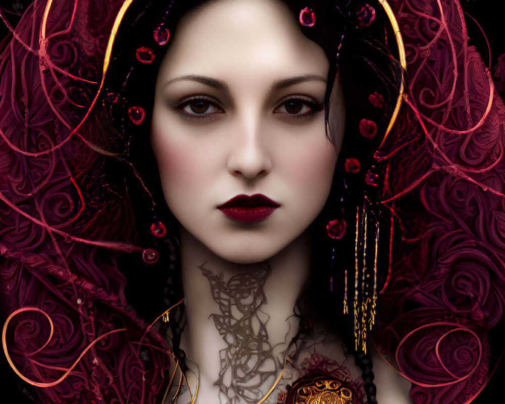 Pale woman with dark hair, red lipstick, ornate headpiece, pendant necklace on dark background
